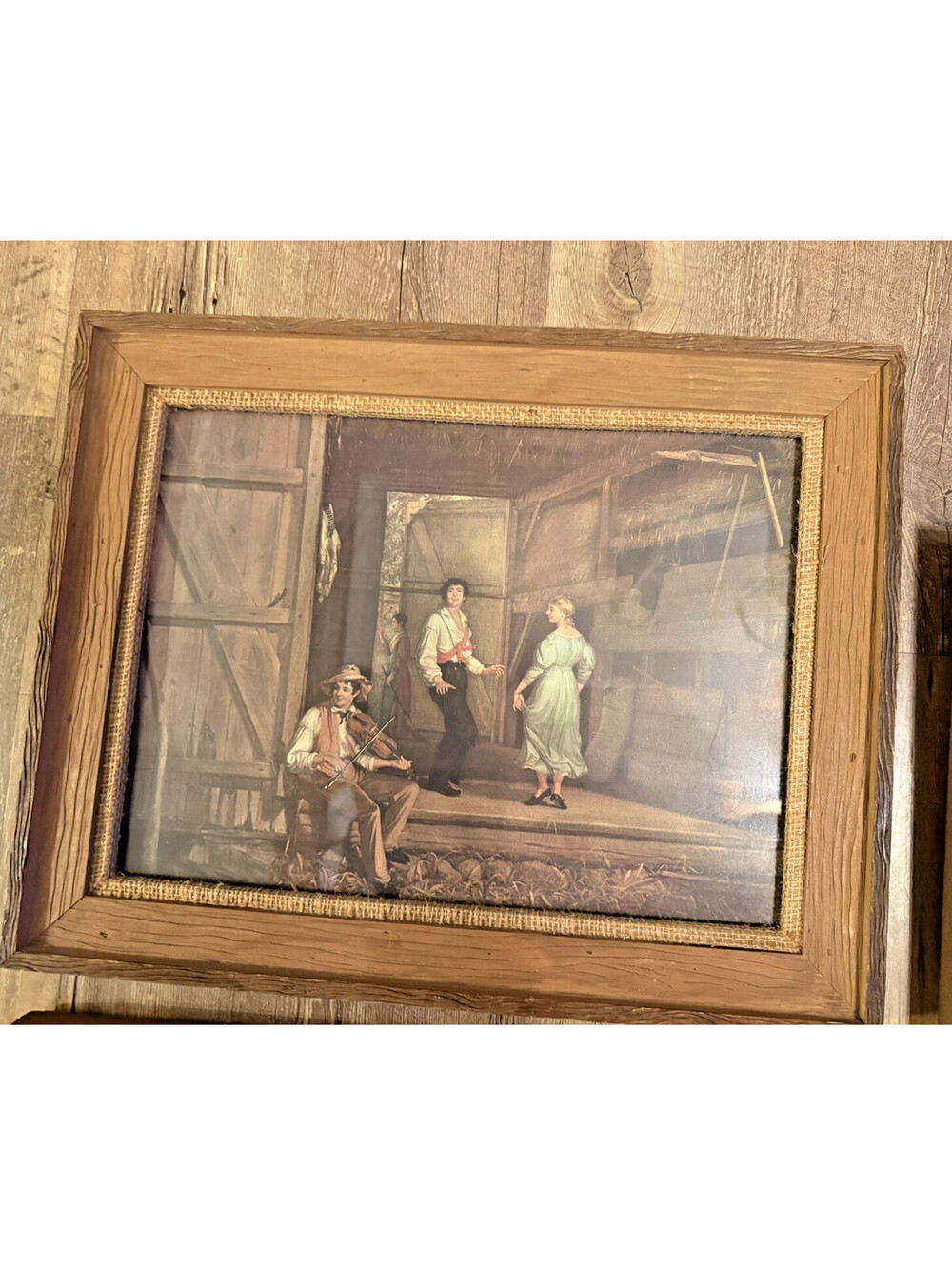 Vintage Wooden Framed Farmhouse Lithograph Print “Dancing on the Barn Floor”